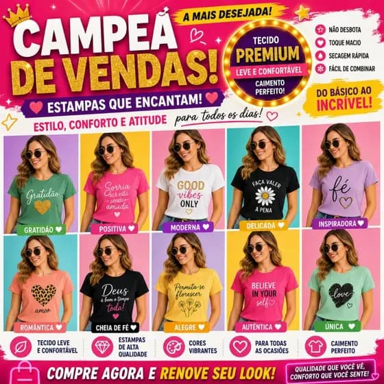 Kit Sortido 1 ou 5 Camiseta Feminina Moda Casual Algodão Confortável Blusa Básica Feminina Dia a Dia Promoção