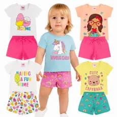 Kit Sortido 2 ou 6 Peças de Roupas Infantil Menina Verão Camisetas + Bermudas Conjuntos de Roupa Infantil Bebê Menina