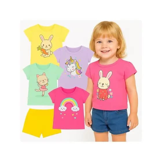 Kit 3 Camisetas de Manga Curta Menina Infantil- 3 Blusas de Menina Infantil Verão Sortidas