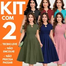 Kit 2 Vestidos Feminino Midi Saia Gode Elegante Rodado Casual Festa Culto Igreja Modesto Manga Curta