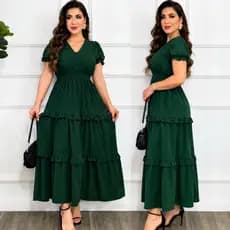 Vestido Feminino Longo Barato Sofisticado Casual Festa Estampado Floral Saia Três Marias Gola