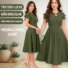 Vestido Feminino Midi Elegante Festa Tecido Confortável Leve Acinturado Rodado Elegante