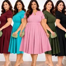 Vestido Plus Size Elegante Moda Evangelica Longo Rodado Liso Manga Curta Saia Rodada Festa Cultos