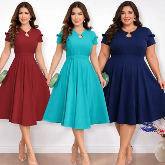 VESTIDO ELEGANTE MIDI GODÊ FEMININO MANGA CURTA SAIA RODADA MODESTO CONFORTÁVEL FESTA IGREJA CASUAL