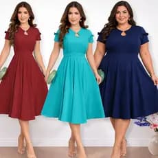 VESTIDO ELEGANTE MIDI GODÊ FEMININO MANGA CURTA SAIA RODADA MODESTO CONFORTÁVEL FESTA IGREJA CASUAL