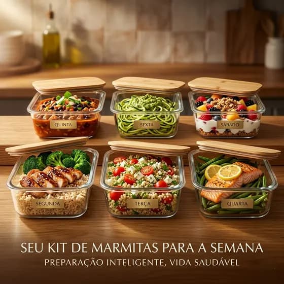 Kit 6 Potes De Vidro Hermético Tampa Bambu Marmita Fitness/potes empilháveis organizadores