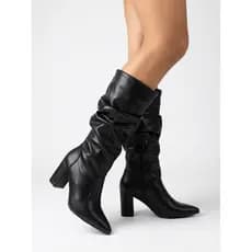 Bota Feminina Slouchy Cano Médio Enrugada Salto Bloco Confortável Zíper Lateral Tendência