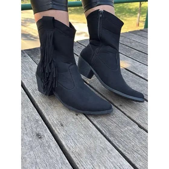 Bota Country Feminina Com Franjas E Zíper Lateral Luxo Tendencia