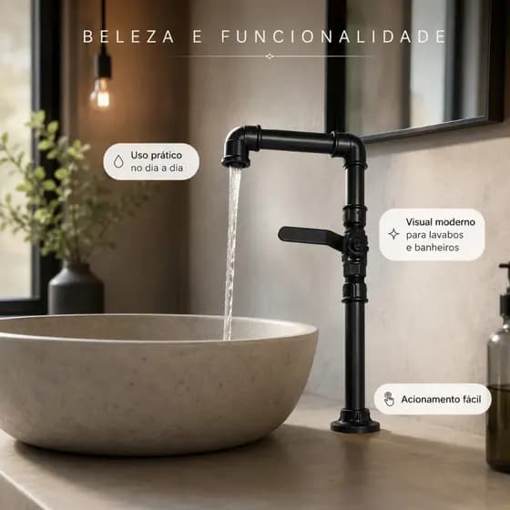 Torneira Cozinha Decoração Preta 1/2 PVC com Registro Design Rústico Moderna Resistente Bancada