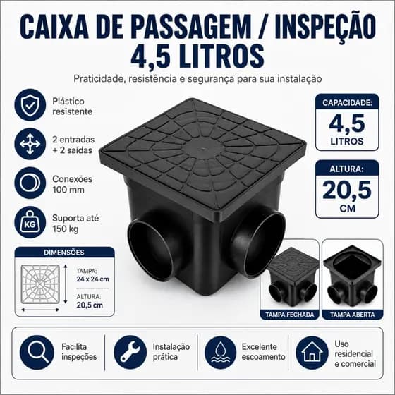 Kit com 04 Caixa De Passagem Gordura Inspeção Esgoto Gordura Elétrica Grande 4,5 litros com Tampa