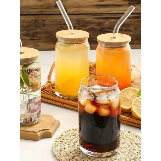 Copo de Vidro com Tampa de Bambu e Canudo de Vidro 500 ML Drinks Caipirinha