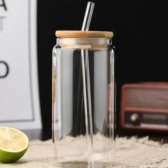 Copo de Vidro com Tampa de Bambu e Canudo de Vidro 500 ML Drinks Caipirinha