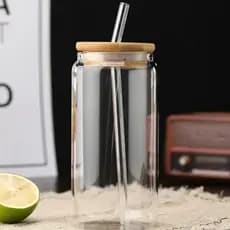 Copo de Vidro com Tampa de Bambu e Canudo de Vidro 500 ML Drinks Caipirinha