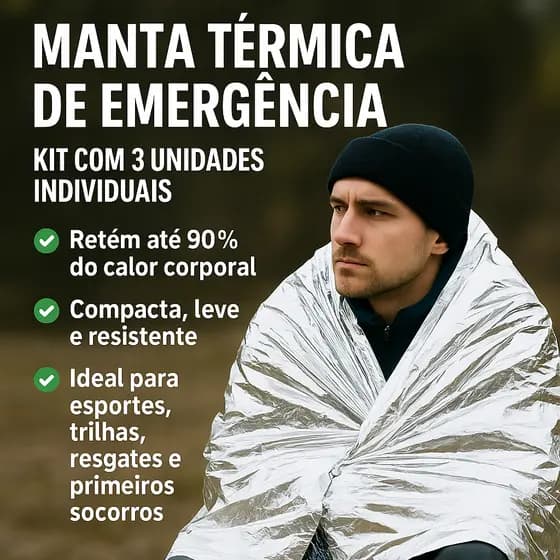 Kit 3 Mantas Térmicas Aluminizadas de Emergência | Individual | Sobrevivência Camping