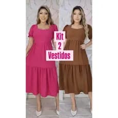 kit de dois vestido Plus size mídi moda evangélica com mangas lastex cintura tecido crepe dunas liso. kit dois