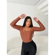 Cropped Top Corselet Feminino Decote Quadrado Manga Longa Moda Tendência Blogueira