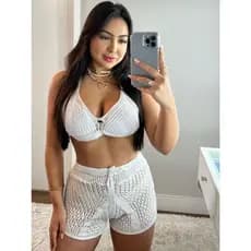 Conjunto Shorts Tricot Moda Praia Verão Crochê