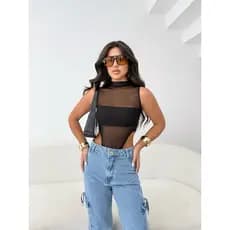 Body Cavado Regata Transparente Forrado Tule Sem Bojo Com Gola Alta Moda Gringa Primavera Verão