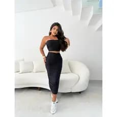 Conjunto Feminino Tomara que Caia Saia Midi Longa Drapeada Assimétrica Versátil Cropped Tomara que Caia Saia Midi Longa