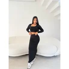 Conjunto Feminino Cropped Manga Longa e Saia Longa Justa Roupas Femininas Festa Balada Confortável Elegante Mídi Tubinho