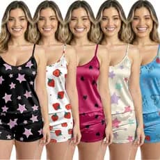 Kit Pijamas Feminino Baby Doll Short Doll Macio Pijama Conjunto Roupa Dormir Estampado