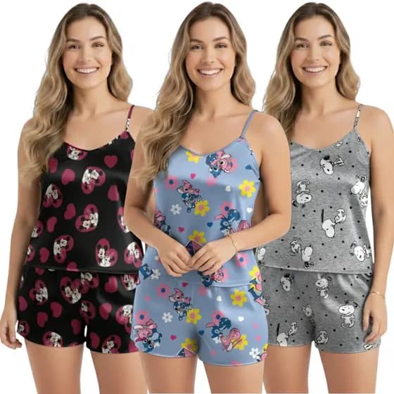 Kit 6 Peças Pijama Conjunto Baby Doll Short Doll Sem Bojo Original Personagens Premium