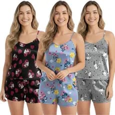 Kit 6 Peças Pijama Conjunto Baby Doll Short Doll Sem Bojo Original Personagens Premium