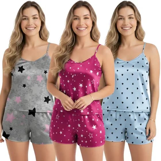Kit 3 Pijama Conjunto Baby Doll Short Doll Sem Bojo Feminina Conjuntos Pijamas Estampas Exclusivas