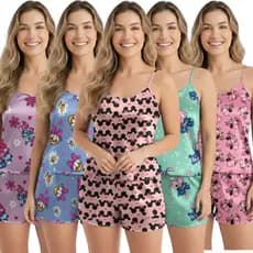 Kit 5 Conjuntos Pijamas Baby Doll Short Doll Feminino Sem Bojo Conjunto Personagens Variados