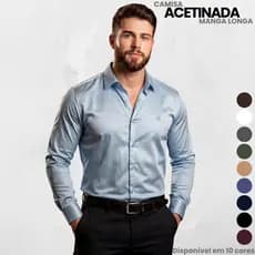 Camisa Social Masculina de Botão Acetinada Slim Fit Manga Longa Tecido Premium