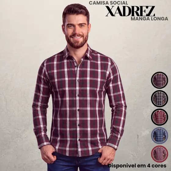 Camisa Masculina Xadrez Manga Longa 100% Algodão Ideal Moda Country Festas Juninas Dia a Dia