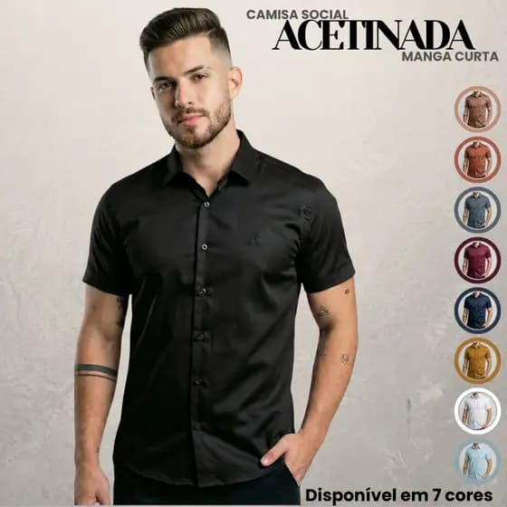 Camisa Social Masculina Manga Curta Malha Acetinada Slim Fibra de Bambu