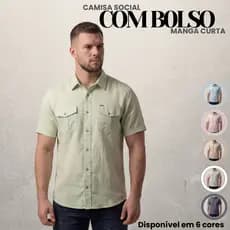 Camisa Social Masculina Manga Curta Com Bolso Prega Macho 100% Algodão Marrakesh