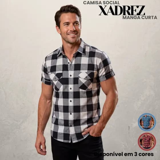 Camisa Xadrez Manga Curta Com Bolso Masculina Cowboy Maderno Tecido Algodão