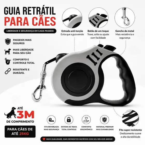 Guia Retratil Para Cachorro Extensivel Fita Reforçada Coleira Automatica Com Trava De Segurança Caes Medio E Pequeno