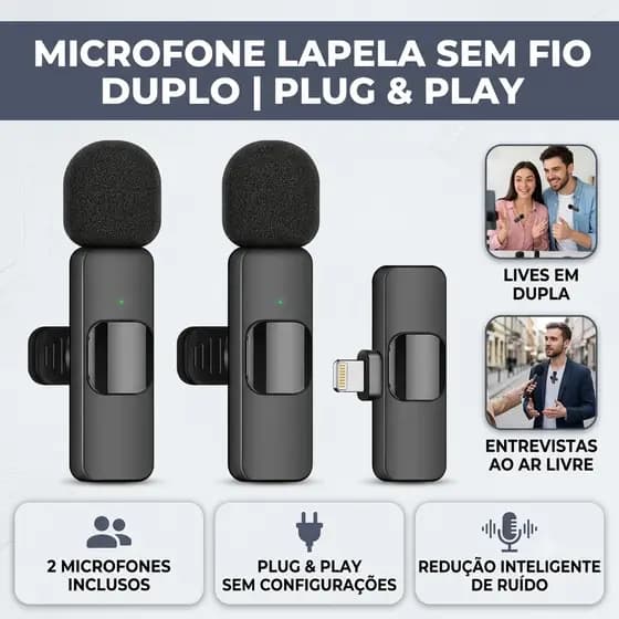 Kit Microfone Lapela Dois Transmissores, Ideal para Entrevistas Duplas, Lives com Parceiro e Vlogs