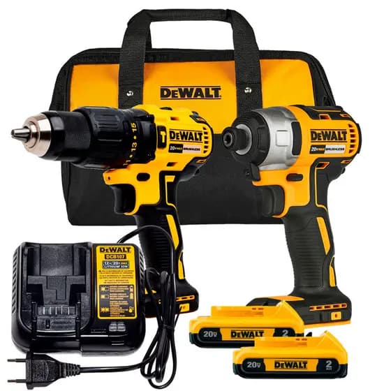 Parafusadeira DCD7781 + Parafusadeira de Impacto DCF7871 + 2 Baterias 20V 2Ah + Carregador + Bolsa DeWalt DCK276D2-BR