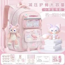 Rosa dos desenhos animados escola primária estudante mochila feminina proteção cume reduzir carga grande capacidade boni