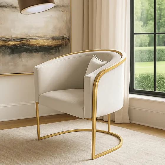 Poltrona Lavínia para Sala Recepção Escritório Salão - Poltrona Luna Decorativa Luxo Base de Ferro Dourado Moderno