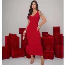 Vestido Longo Tricot Modal Canelado Costas Trançadas Qualidade Premium Moda Feminina