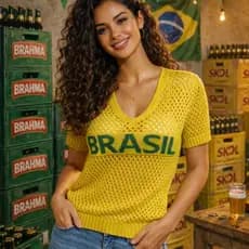 Blusa  Feminina Tricot Camiseta Brasil Copa Fashion Blusa Feminina Estilosa Roupa Feminina Elegante