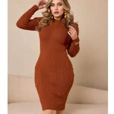 Vestido Feminino Tricot Modal Com Tranças Manga Longa Elegante Inverno Qualidade Premium