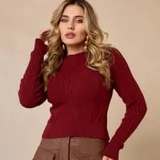 Blusa Tricot Texturizada Manga Longa Gola Redonda Blusa Feminina Estilosa Roupa Feminina Elegante