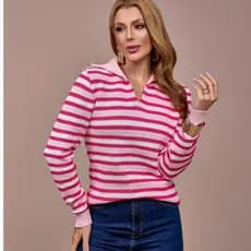 Blusa Tricot Feminina Gola Polo Listrada Manga Longa Blusa De Frio Feminina Estilosa Elegante