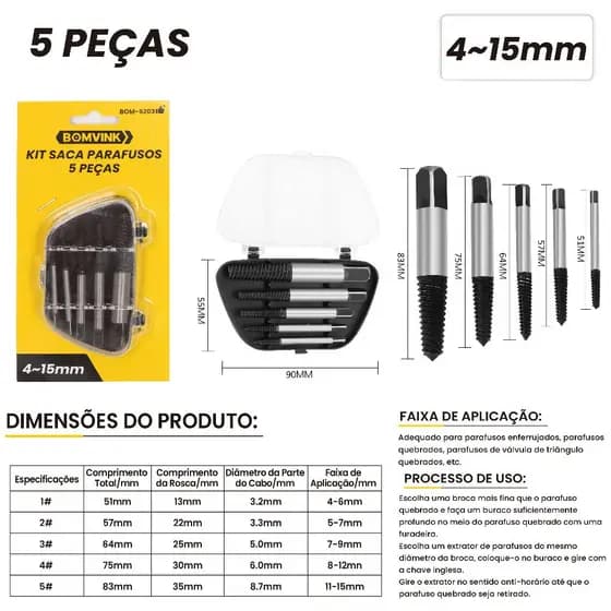 Kit 5 Peças Saca Parafuso Quebrado Kit Extrator 4 a 15mm Macho Rosca Esquerda Profssional