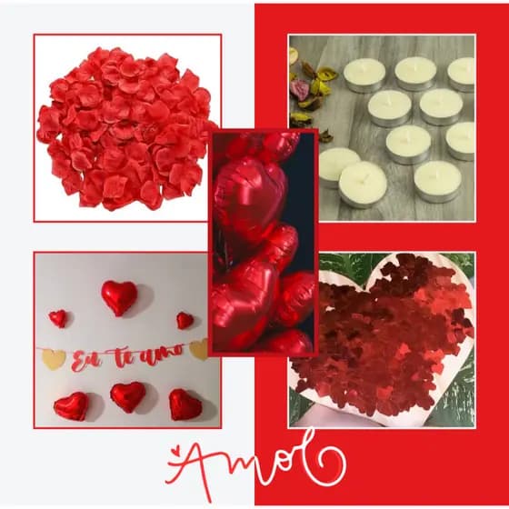 Kit Decoração Romântica 300 Pétalas + 10 Balões + 8 Velas + Escrita Eu Te Amo + Confete Coração