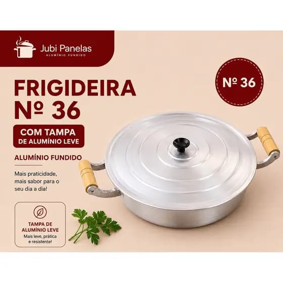 Frigideira Aluminio Grosso Grande Alça Madeira N36 Batido Fundido Com Tampa Aluminio Leve