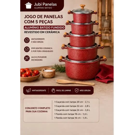 Jogo De Panela 5 Peças Alumínio Batido Fundido Revestido Em Cerâmica Antiaderente Com Tampa De Vidro