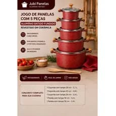 Jogo De Panela 5 Peças Alumínio Batido Fundido Revestido Em Cerâmica Antiaderente Com Tampa De Vidro