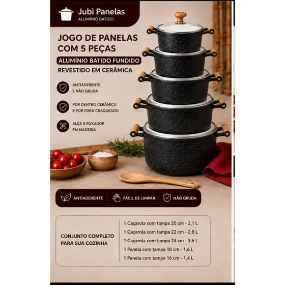 Jogo Kit De Panelas Alumínio Batido Fundido 5 Peças Cerâmica Antiaderente Não Gruda Tampa De Vidro Alça Madeira Jubi